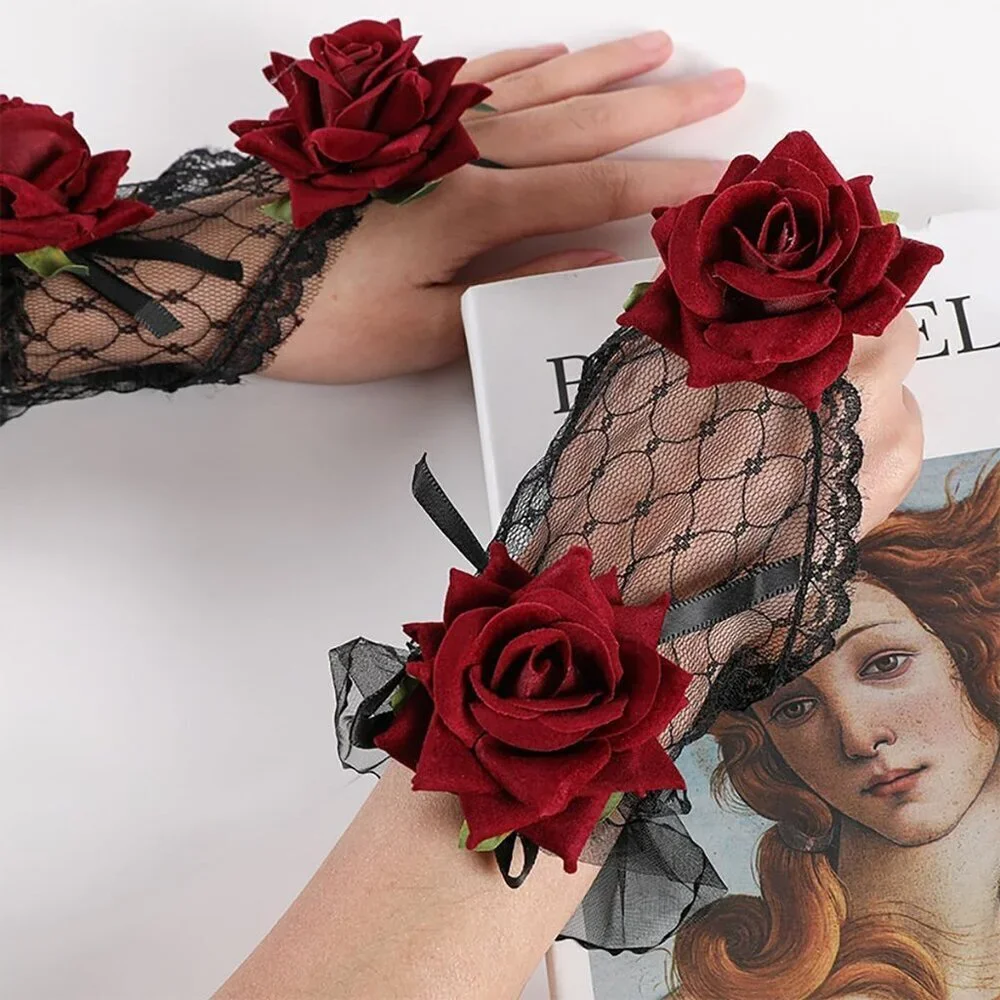 Women's Black Flower Rose Lace Hand Sleeve Gloves Wedding Halloween Accessories